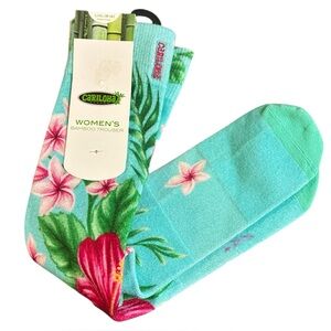 Bamboo Printed Trouser Socks - Hibiscus Floral Aqua by Cariloha for Women L/XL
